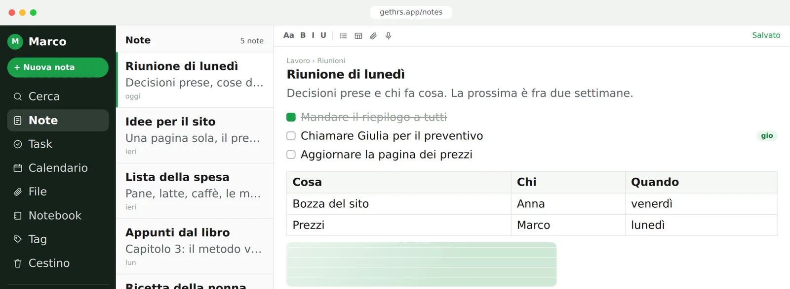La vista note di Gethrs con i taccuini, una nota di riunione e le attività